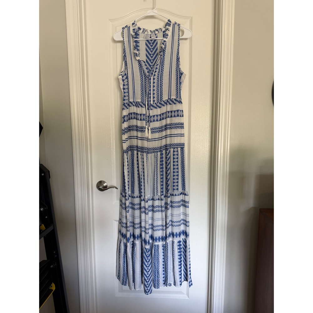 Goa Blue White Maxi Dress Womens Boho Tiered Tassel Rayon EXC M